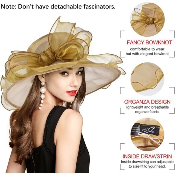 Derby Hats for Women, Classy Organza Sun Hat, Khaki main image 4